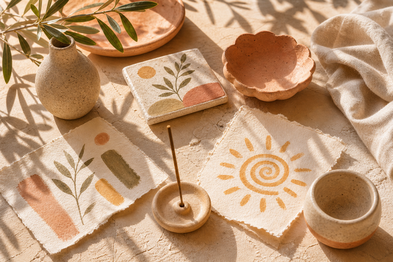 Sunlit handmade decor, painted papers, and ceramic objects arranged on a studio table