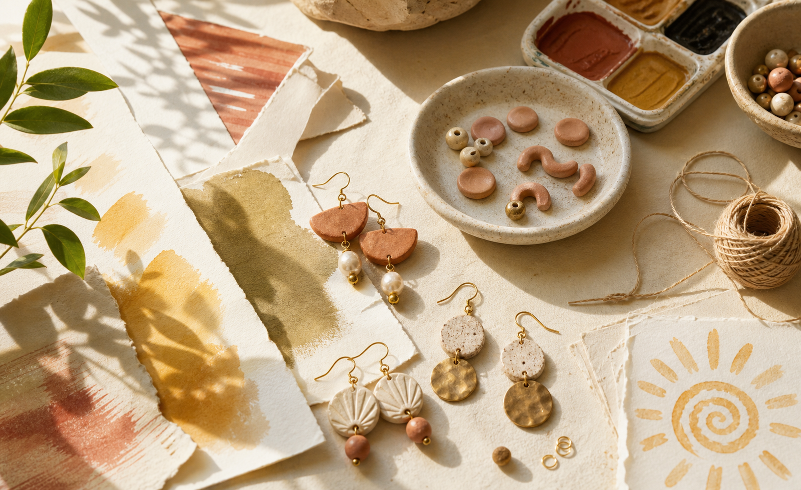 Handmade jewelry with clay beads and pearl details in warm studio light